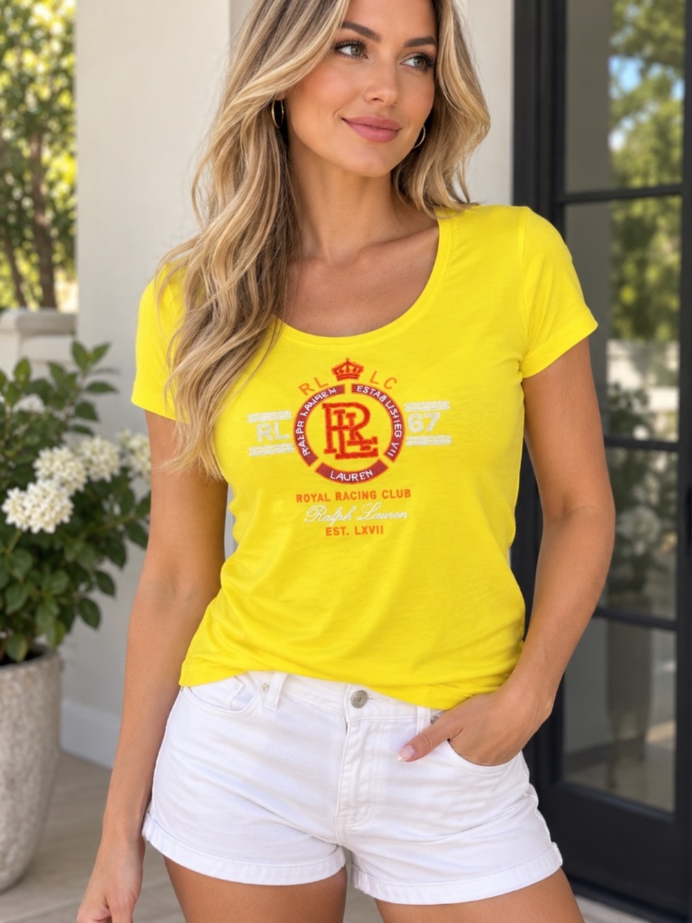 LRL Lauren Ralph Lauren Active Women Yellow Royal Racing Club Logo T-Shirt Sz L